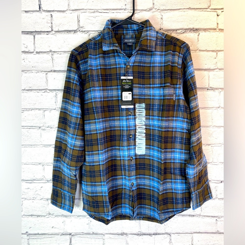 Eddie Bauer Mens Oversized Blue & Green Plaid Flannel Shirt Size Small NEW